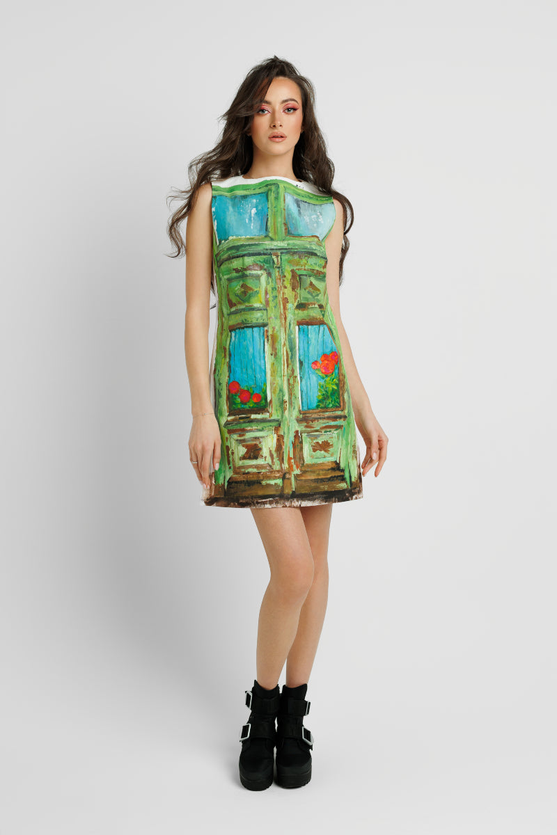 SLEEVELESS A-LINE DRESS IN PAINTED COTTON image 0
