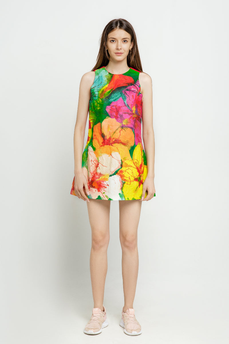 SLEVELESS DRESS IN PAINTED COTTON image 0